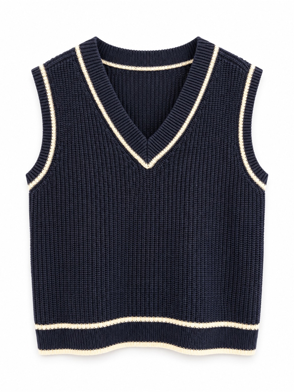 Classic Navy Knit V-Neck 100% Cotton Sweater Vest with Cream Trim